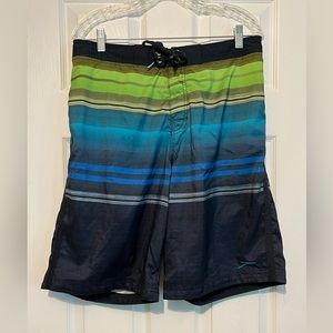 EUC Speedo brand blue and lime green swim trunk shorts size M ~10 in inseam